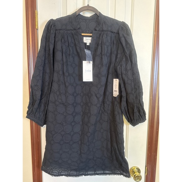 Joie Olive Eyelet Dress Puff Sleeve V Neck Mini‎ Dress Caviar Black M - Picture 1 of 5